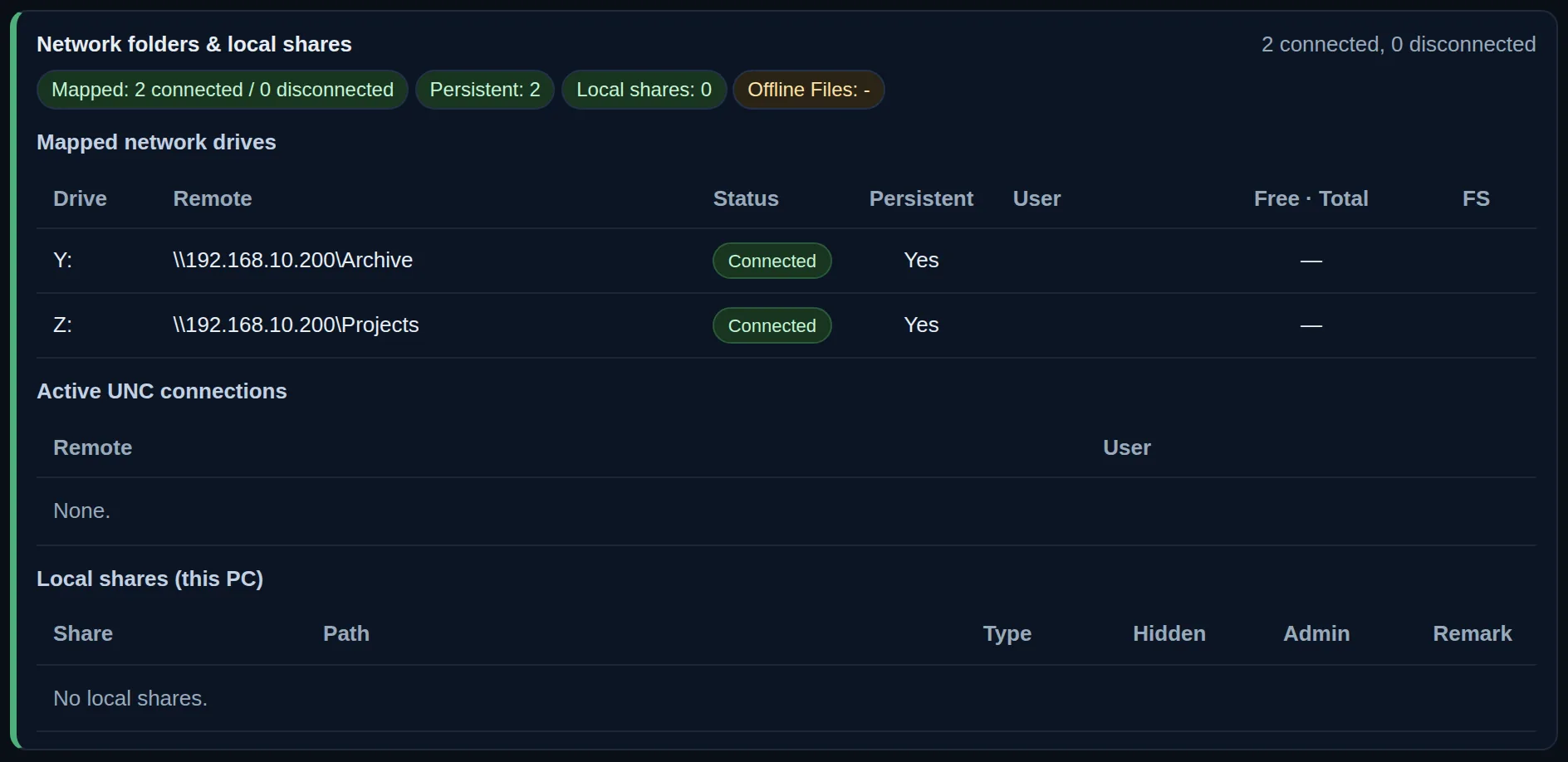 The Network folders section of a report