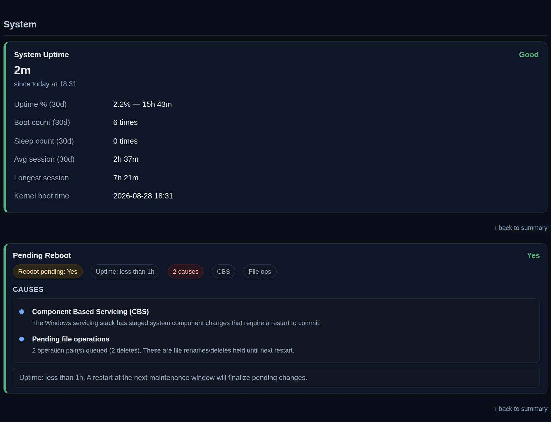 The System section of a report
