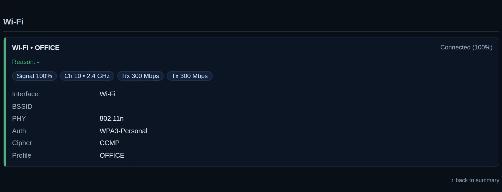 The Wi-Fi section of a report