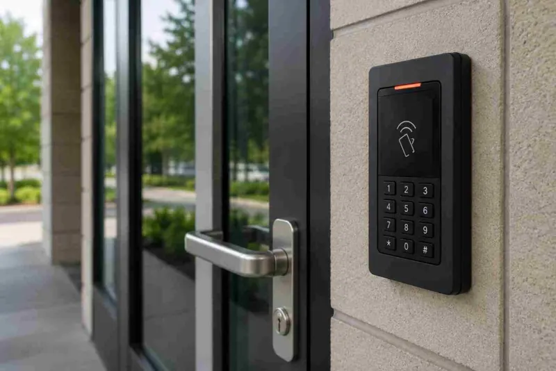 A card reader with a keypad beside a glass door