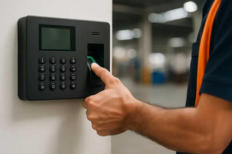 A worker putting a finger on the attendance terminal