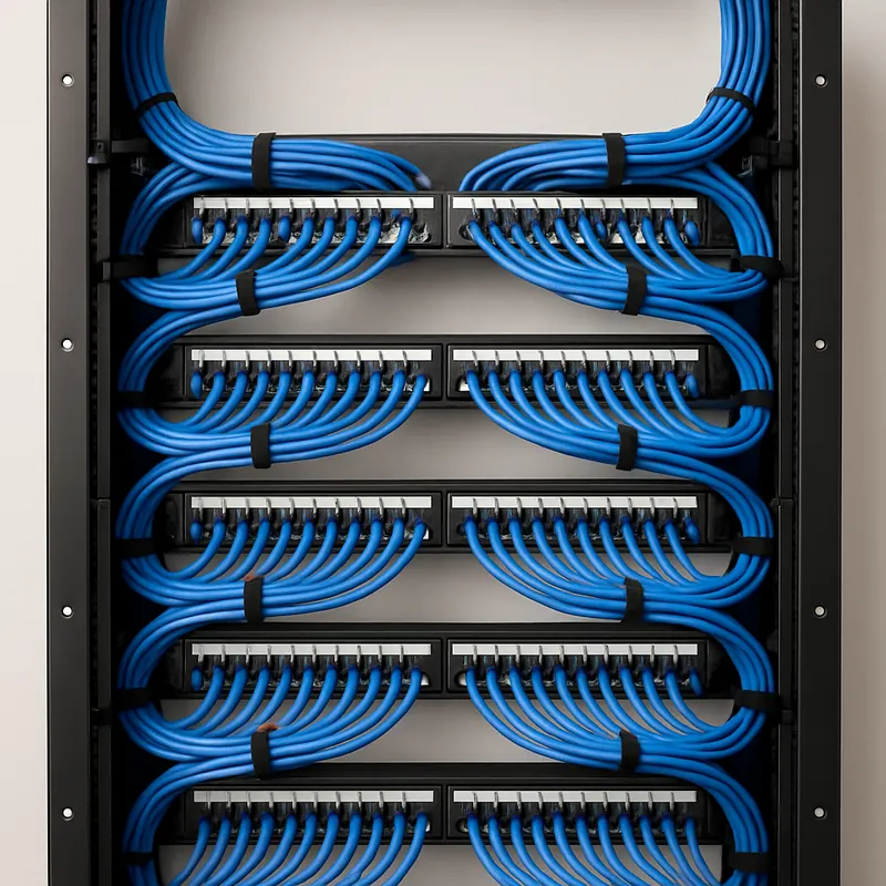 Patch panels in a cabinet, the blue cables combed into place