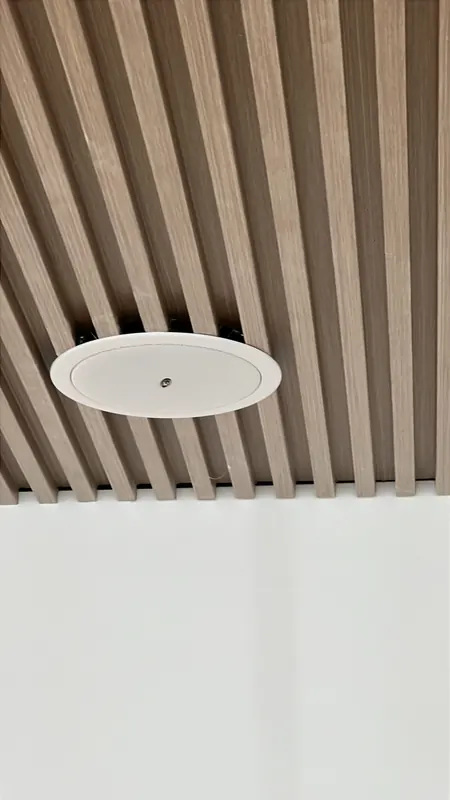 A ceiling speaker set between the wooden slats